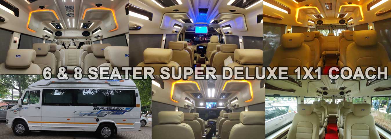 6 and 8 seater super deluxe 1x1 maharaja mini coach tempo traveller with sofa seat hire in delhi noida gurgaon